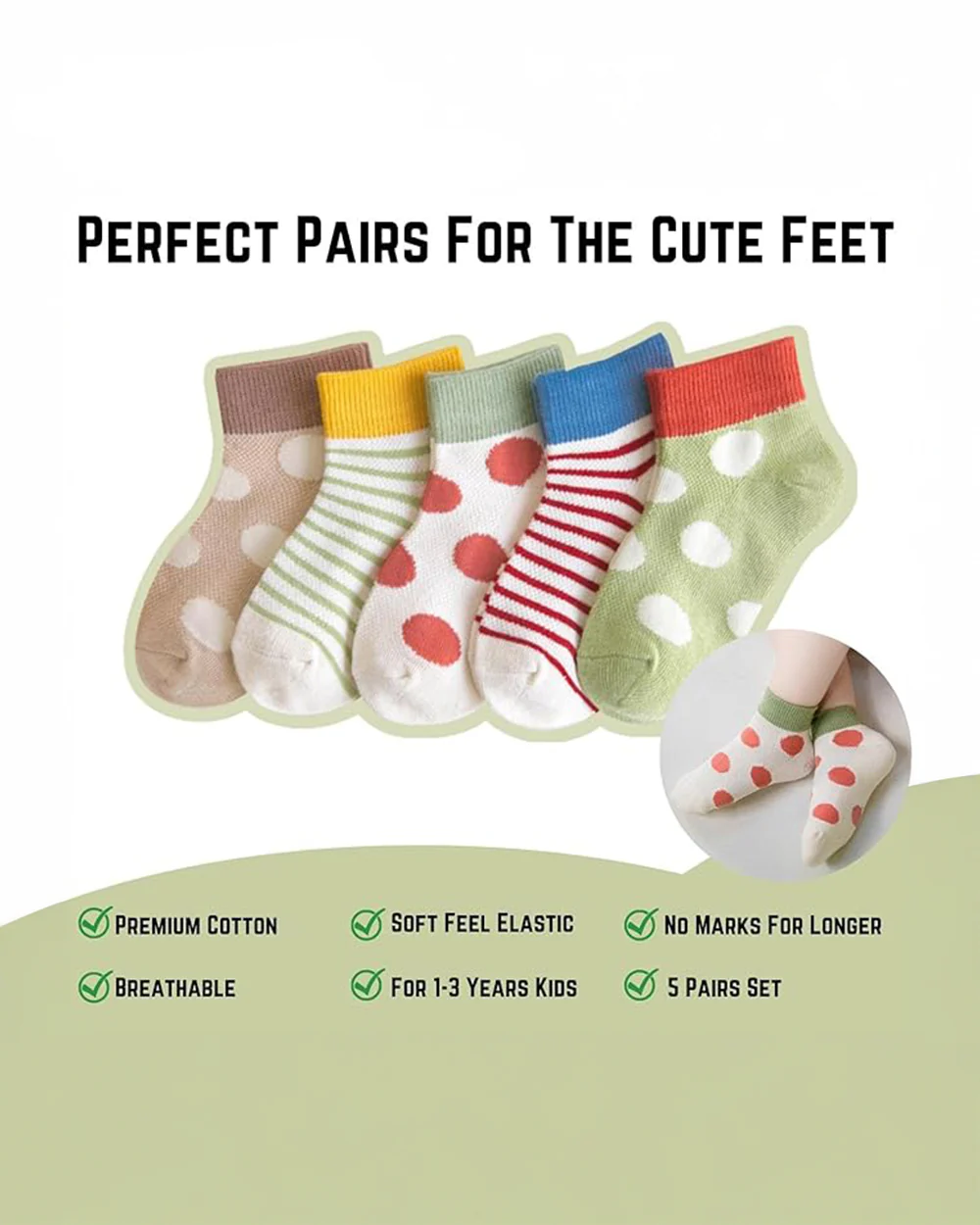 Youstylo Multicolored Socks-Dots & Striped-Cotton-Pack of 5-For Infants - Image 3